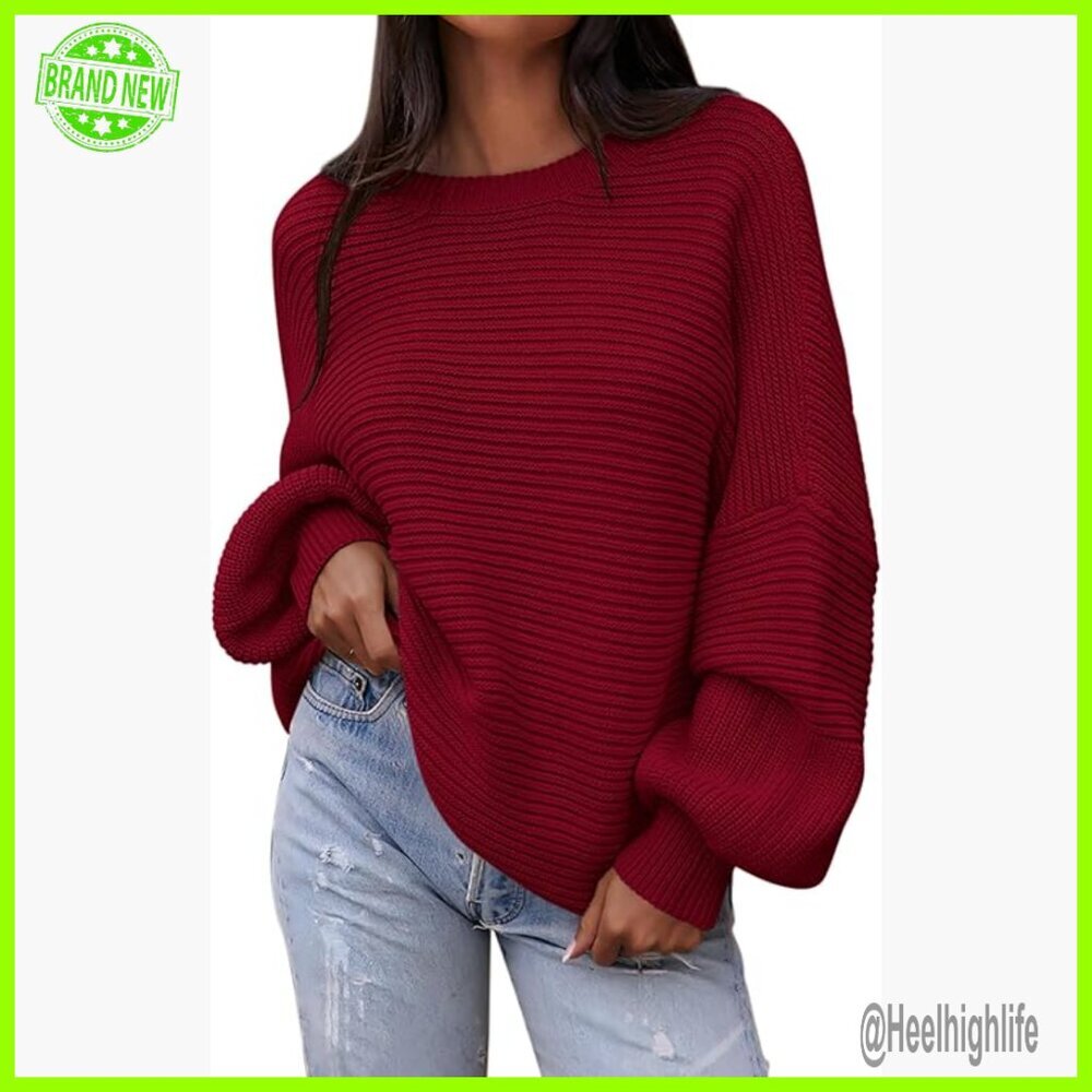 Oversized Chunky Knit Pullover Sweater Lantern Sleeve Crewneck Ribbed